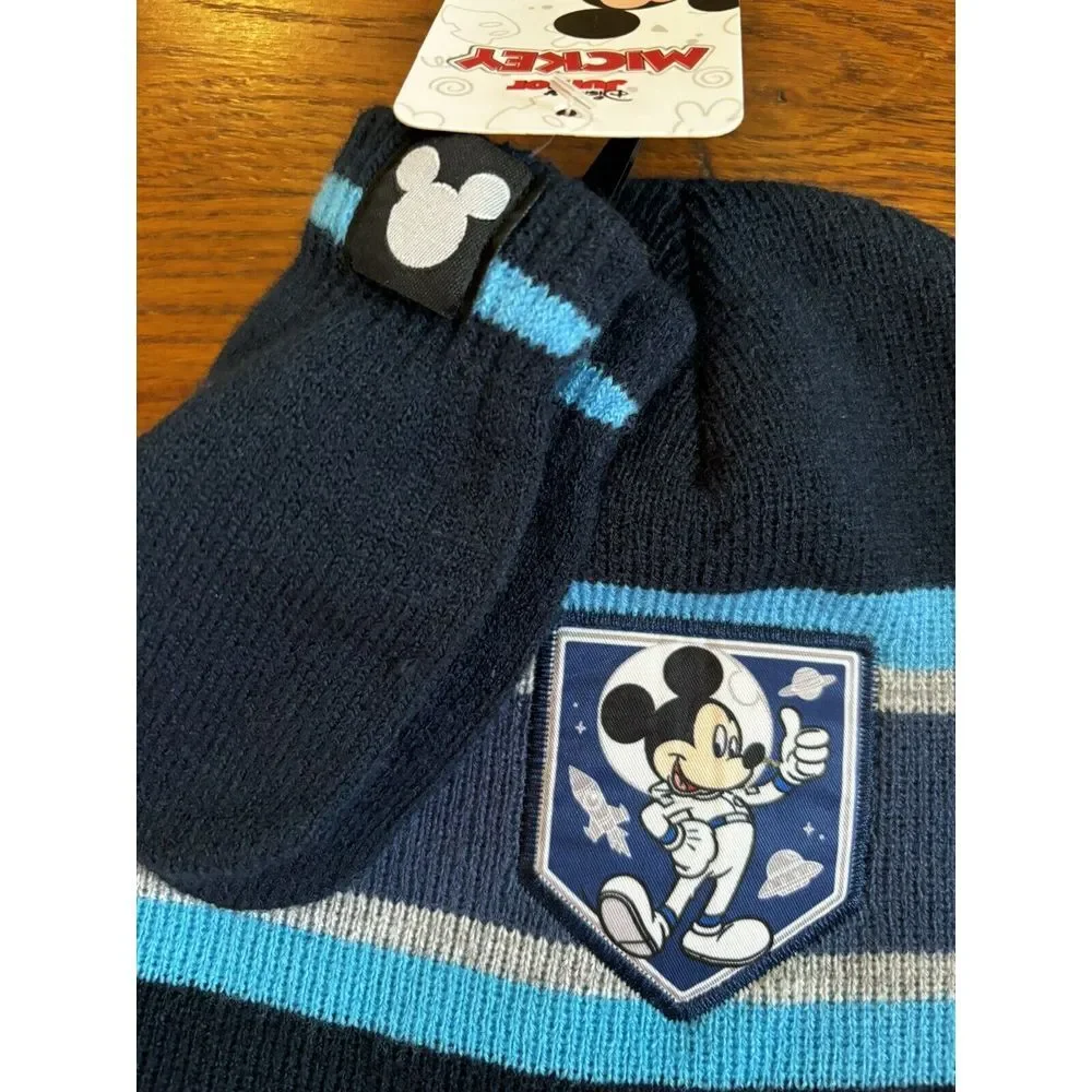 NWT Mickey Mouse Disney Junior Astronaut Space Kids Winter Beanie Cap Mitten Set